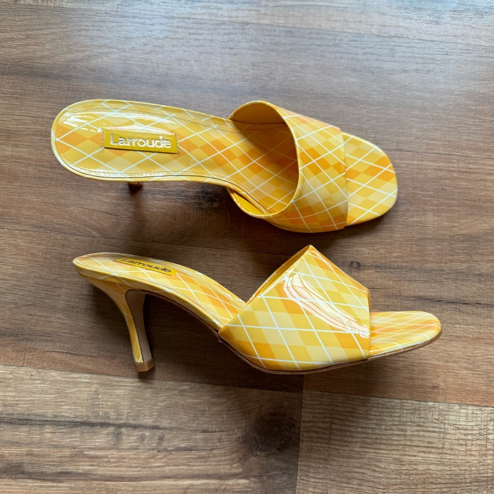Larroude Colette Mule Heels Plaid Argyle Yellow